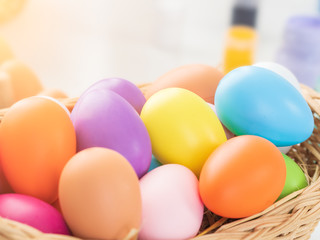Colorful and bright color of Easter eggs in the basket.