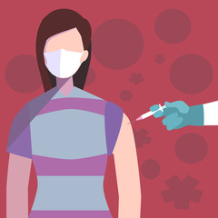 A woman wearing the facemask is being vaccinated on her arm.