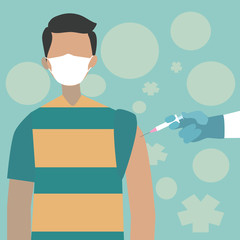 A man wearing the facemask is being vaccinated on his arm.