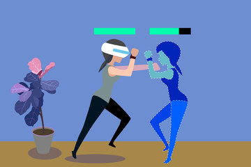A woman is boxing with VR gear at her home.