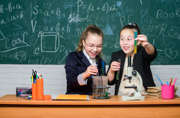 travel the world with science. Little girls genius in school lab. Science lab. science experiments in laboratory. Little girls scientist with microscope. Chemistry research in laboratory. Biology lab