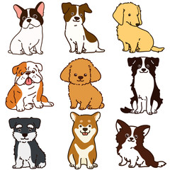 Set of outlined dogs sitting in front view illustrations
