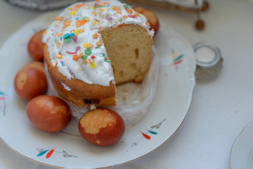 Easter cake and eggs on the table