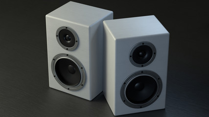Two black musical speakers with chrome details on a black wooden background. 3d render.