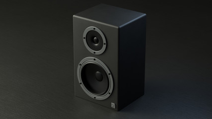 Obraz premium Black musical speaker with chrome details on a black wooden background. 3d render.