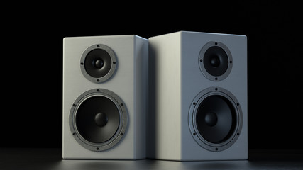 Fototapeta premium Two black musical speakers with chrome details on a black wooden background. 3d render.