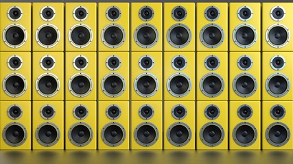 The group of yellow musical speakers with chrome details on a black background. Grid structure. 3d render.