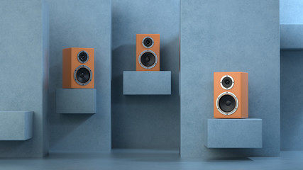 Three orange musical speakers with chrome details in an architectural environment on pedestals. Blue walls around. 3d render with depth of field.