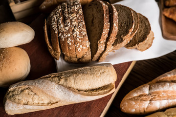 Background of variety mixed homemade organic bio fresh bake pastry ( sliced bread, toast, loaf, Croissant and baguette ). Best for delicious healthy vegetarian meal breakfast lunch with chess and  jam