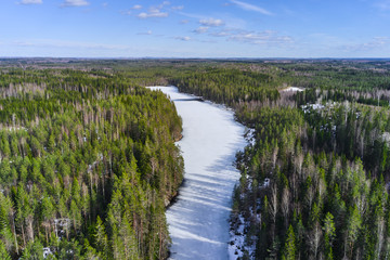 Fototapeta na wymiar Aerial view of ice-covered Kallio lake Finland. North-Karelia nature.