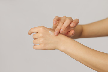 Moisturizing care skincare cream with visible texture. Copy space, close up, white background