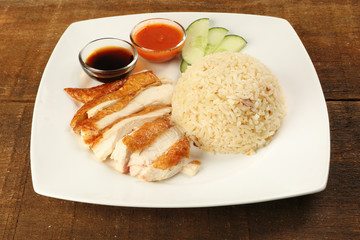 South east asian style chicken rice set steamed roasted sliced chicken with soup dark chilli sauce malaysia china