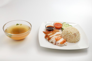 South east asian style chicken rice set steamed roasted sliced chicken with soup dark chilli sauce malaysia china