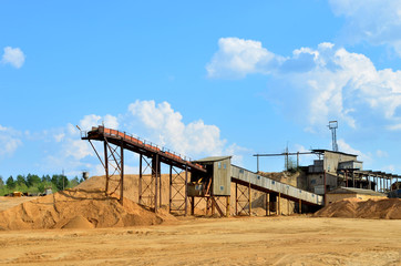 Sand making plant in mining quarry. Crushing factory with production line for crushing, grinding stone, sorting sand and bulk materials. Sand washing for the construction industry