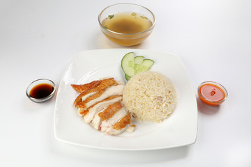 South east asian style chicken rice set steamed roasted sliced chicken with soup dark chilli sauce malaysia china