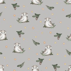 Seamless pattern with owls, green spruce branches and stars. Gray background with watercolor illustrations for use in print, design.