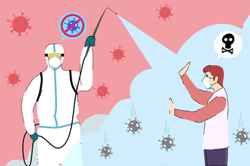 Public health staff is spraying the germ killer solution to a man. The man Don’t want to apply it to his body because the solution is dangerous to him too.