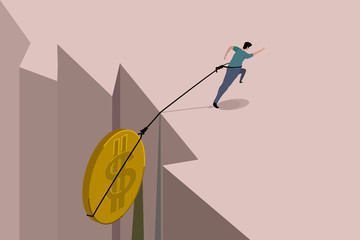 A man had a rope tied at the waist, the end of the rope tied to a large coin. He is walking forward to pull the coin up from the abyss. The virus is grabbing the coin down.