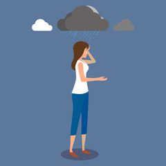 A sad woman is standing under raining clouds.