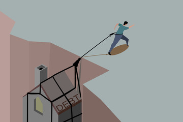 A man had a rope tied at the waist, the end of the rope tied to his house . He is walking forward to pull the home up from the abyss.