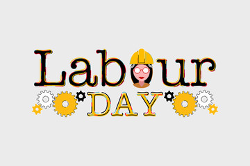 Banner for international Labor Day with illustration of worker and gears.