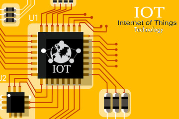 The chip of IOT on circuit board with yellow background.