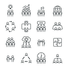 Simple teamwork line icon set. Business team concept. Management, meeting, planning, collaboration icons. Editable stroke. Vector illustration.