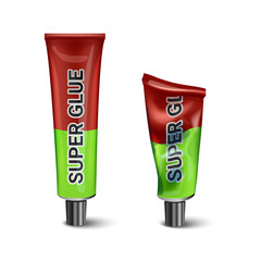 Vector green and red tube of glue super adhesive and moment paste for repair, fixing, instant gluing on white background.
