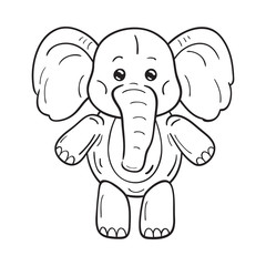 Black and white illustration of a funny cartoon elephant. On white background