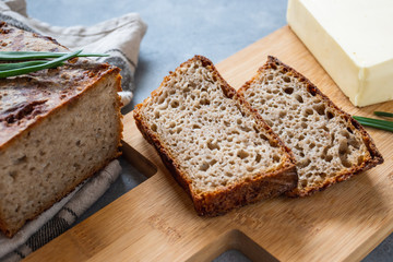 Baked homemade artisan sourdough rye flour bread.