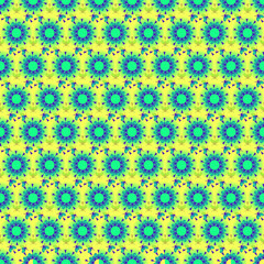 Fototapeta na wymiar A seamless pattern that consists of abstract shapes similar to flowers of different colors, such as purple, blue, green colors on an orange background.