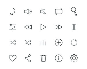 Music / audio / media player thin line icon set. Simple style. Editable stroke. Vector illustration. 