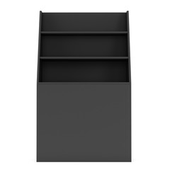 Cardboard retail shelves rack. Black Trade Show Booth. 3d render isolated on white background. Ad template for your expo design.