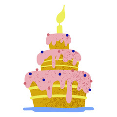 Happy Birthday greeting card with cake, cupcake, topper, candles. Vector hand drawn illustration. Scandinavian style.