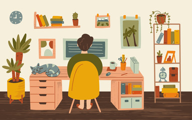 Young man freelancer working on computers at home. Cozy interior. Remote work concept. Hand drawn illustration. 