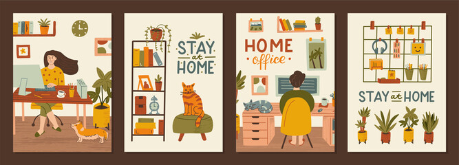 Set of postcards stay at home. Work and rest at home. Remote work concepts. Hand drawn illustrations. 