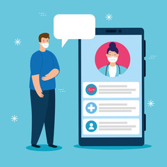 telemedicine technology with doctor female in smartphone and man sick vector illustration design