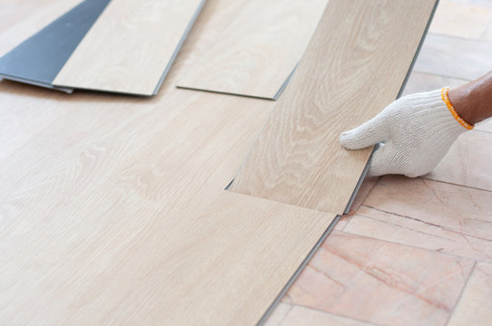 Hand Of Worker Installing Wood Laminate Vinyl Floor. Oak Wood Laminate For Renovate Room. Home.