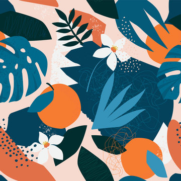 Collage contemporary floral seamless pattern. Modern exotic jungle fruits and plants illustration in vector © Angelina Bambina