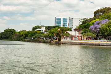 View of the famous Taboao lake on a sunny day in the Brazilian winter, in the city of Bragança Paulista, Brazil, a tourist town known in the inland of Sao Paulo