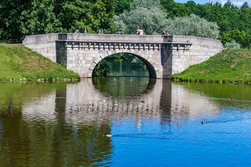 Fototapeta na wymiar Summer landscape with river, stone bridge, trees and ducks on the water