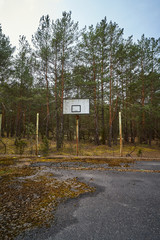 old abandoned asphalt playground in the spring forest