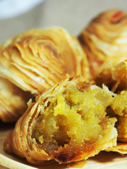 thailand street food curry puff with potato inside and breakfast coffee