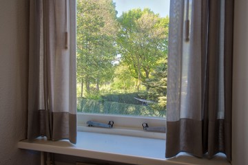 Beautiful green window view with grey curtains in the summer, looking at green forest in nature in a cozy home