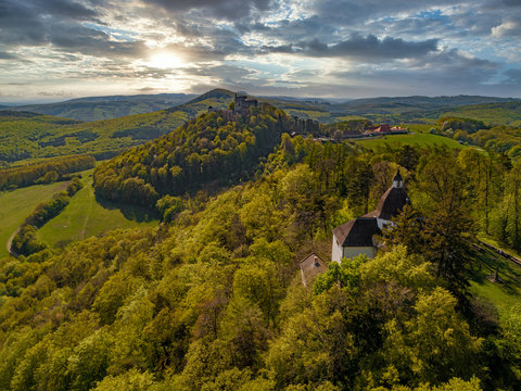Aerial view of castle Buchlov and chapelle of st. Barbora in the Moravia landscape