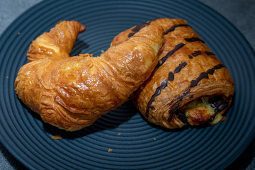 Fresh and tasty croissants with chocolate