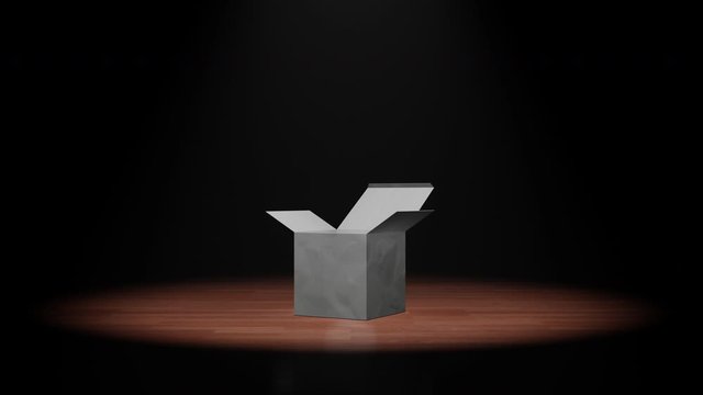 Opening box on the floor with flare light. 3D animation with 4K resolution.