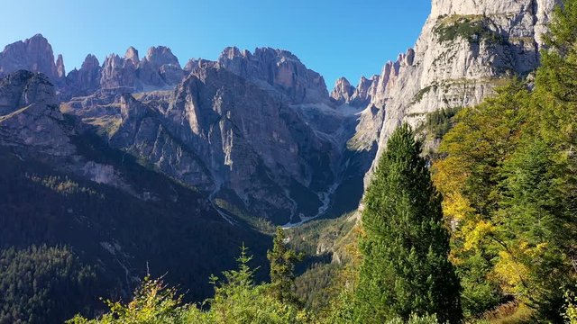 Beautiful aerial view of the Dolomites di Brenta group seen from Molveno in Trentino in the autumn time, Italy