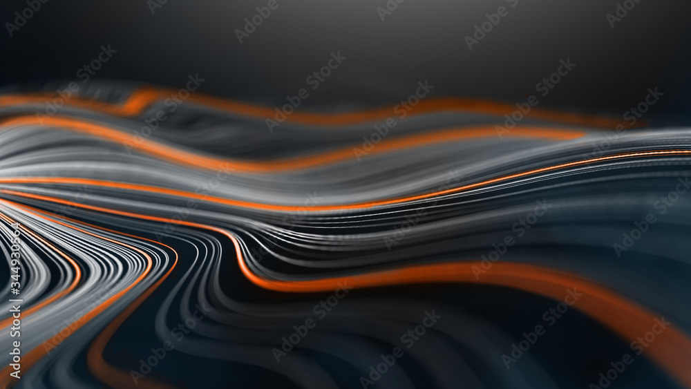 Wall mural dark technology background with wavy orange and white lines. wavy black texture color design illustr