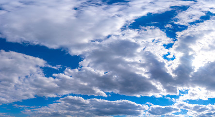 Panoramatic view of blue sky with clouds and sun in spring